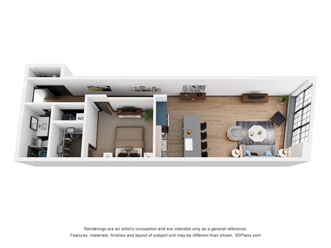 A 3D floor plan of a house with a kitchen, living room, and bathroom.